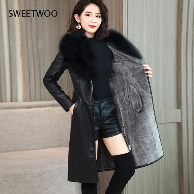 Winter Women Leather Jacket 2022 New Plus Velvet Warm Slim Big Fur Collar Ladies Long Leather Coat Female Outerwear