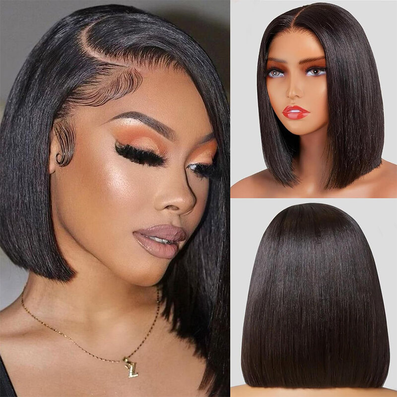 200% Density Straight Short Bob 13x4 Lace Frontal Human Hair Wigs Pre Plucked 4x4 Transparent Lace Front Wig Closure Wig Women