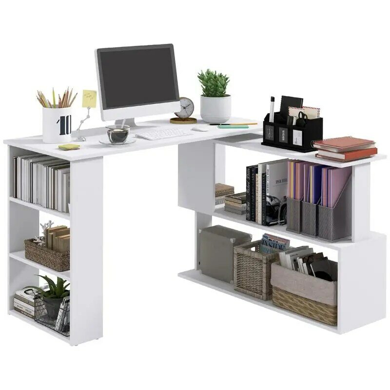 Угловой стол HOMCOM L-образной формы, вращающийся на 360 градусов стол для дома и офиса с полками для хранения, рабочая станция для письменного стола