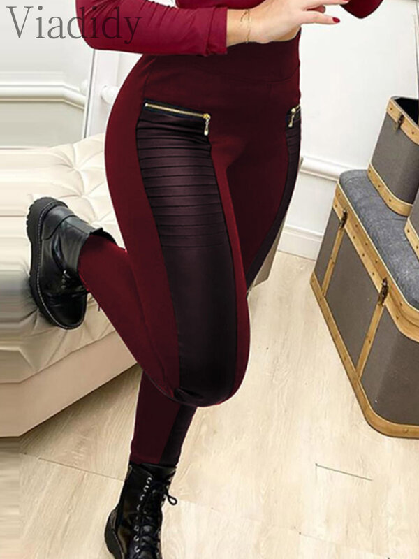 PU Leather Fashion Pants Contrast Zipper Design High Waist Skinny Pants