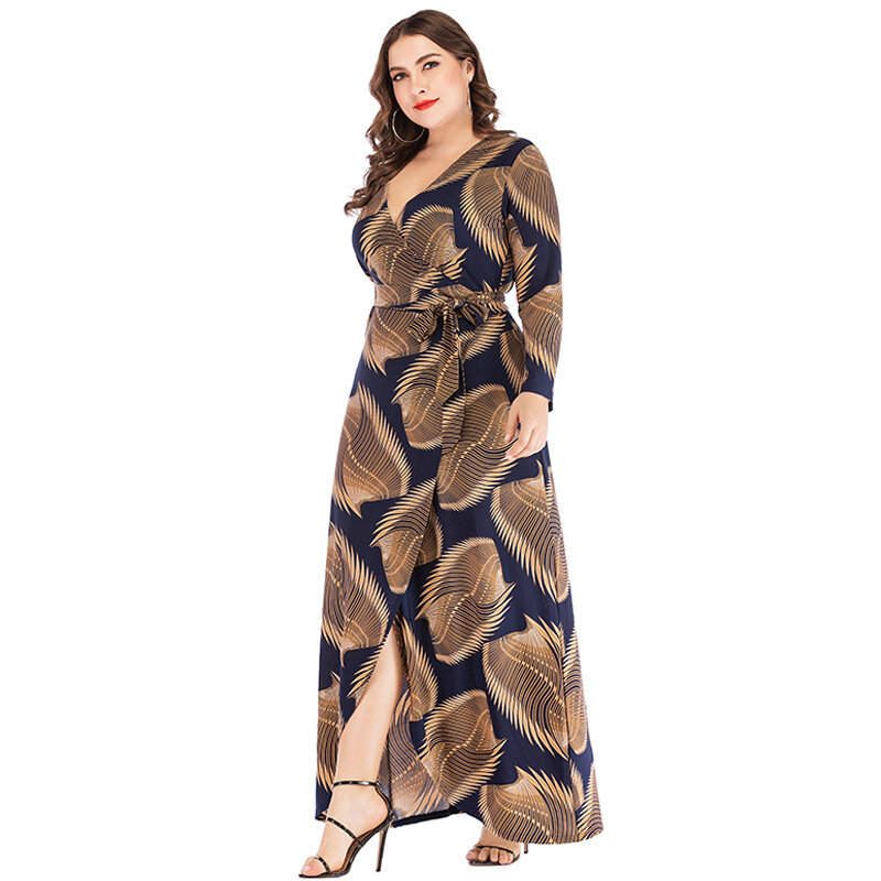 Robe longue imprimée à manches longues pour femme, tenue de soirée élégante, col en v, grande taille, printemps, automne, 2023