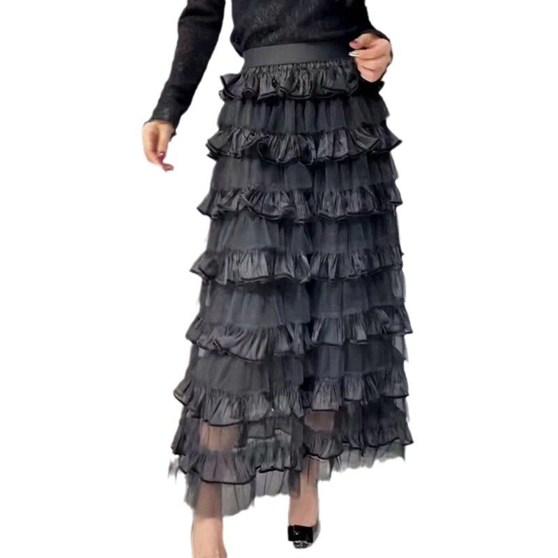 Kuchen lange Röcke für Frauen Herbst Mesh Tierred Rüschen Patchwork Röcke weibliche A-Linie Rock lässig Mode Stil Röcke q924