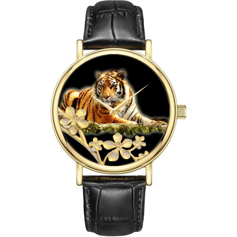 นาฬิกาข้อมือลายเสืออะโวคาโดกษัตริย์นาฬิกาผู้หญิงควอตซ์สีทองหนังสีดำของขวัญสุดหรู