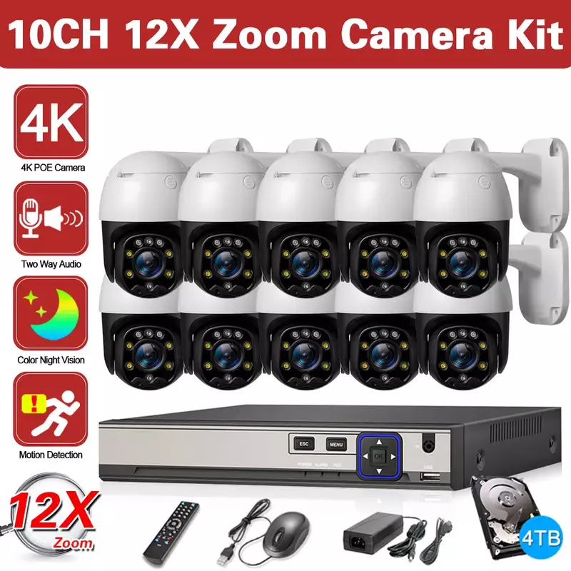 10CH 4K NVR 12X Zoom POE automatyczne śledzenie 8MP zestaw kamera PTZ Humanoid osoba detekcja ruchu IP cccam dwukierunkowy System Audio CCTV