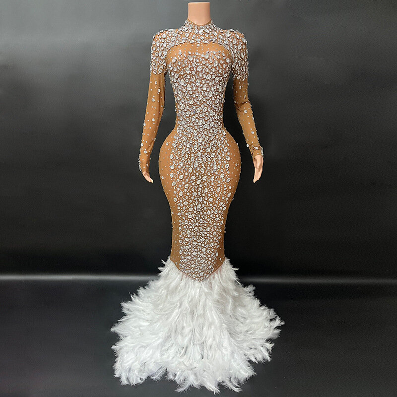 Nowa błyszcząca suknia ślubna z piór długa sukienka celebrująca luksusowy kostium tancerz Flash Dress Party urodzinowa sukienka fotograficzna