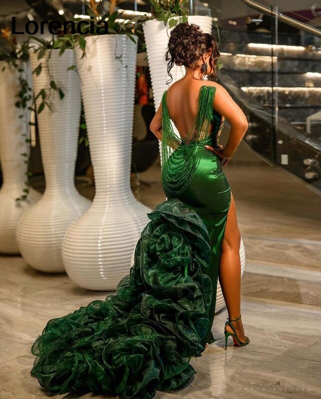 Lorensia zamrud hijau Aso Ebi gaun Prom ruffle tinggi kristal belahan manik-manik Afrika hitam gaun malam anak Perempuan jubah De Soiree YPD17