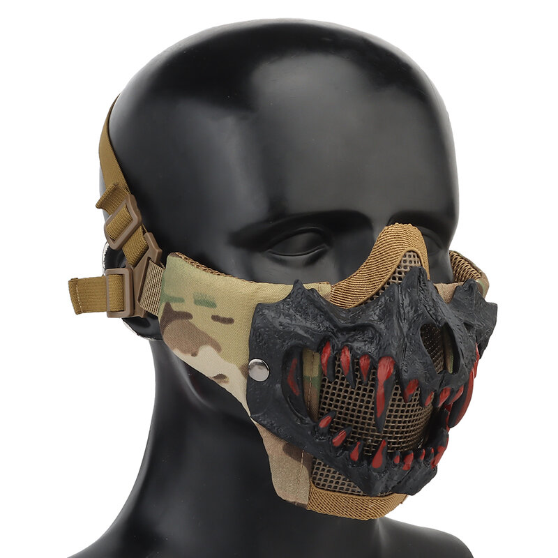 Airsoft Masker Setengah Wajah Bersirkulasi Jaring Baja Pelindung Tembak Topeng Paintball Halloween Gigi Vampir Taring Alat Peraga Horor