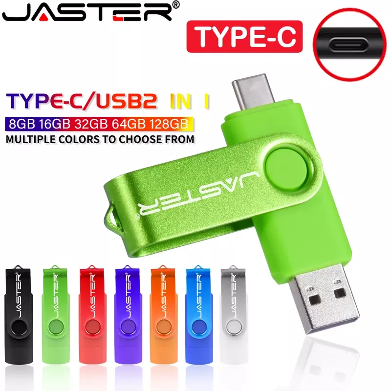 Tipo C USB 2.0 Flash Drives para Smart Phone, Memory Stick multifuncional com corrente, U Disk, Pen Drive de Metal, 32GB, 64GB, 128GB, 2 em 1