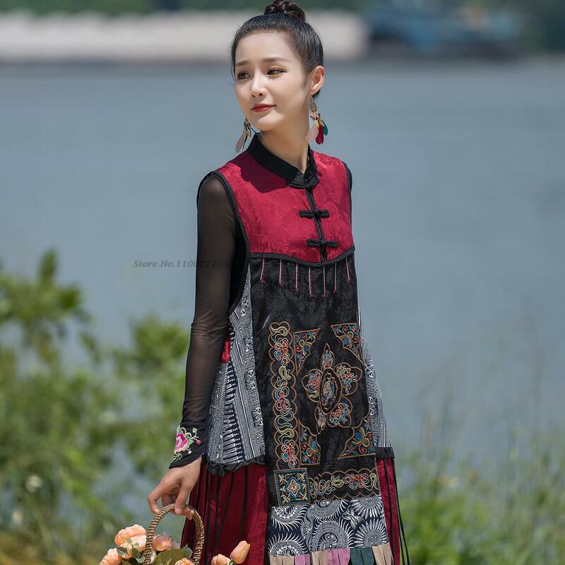 Hanfu-vestido nacional bordado de flores sin mangas para mujer, vestido suelto de retazos, vestido de baile folclórico oriental elegante, 2024