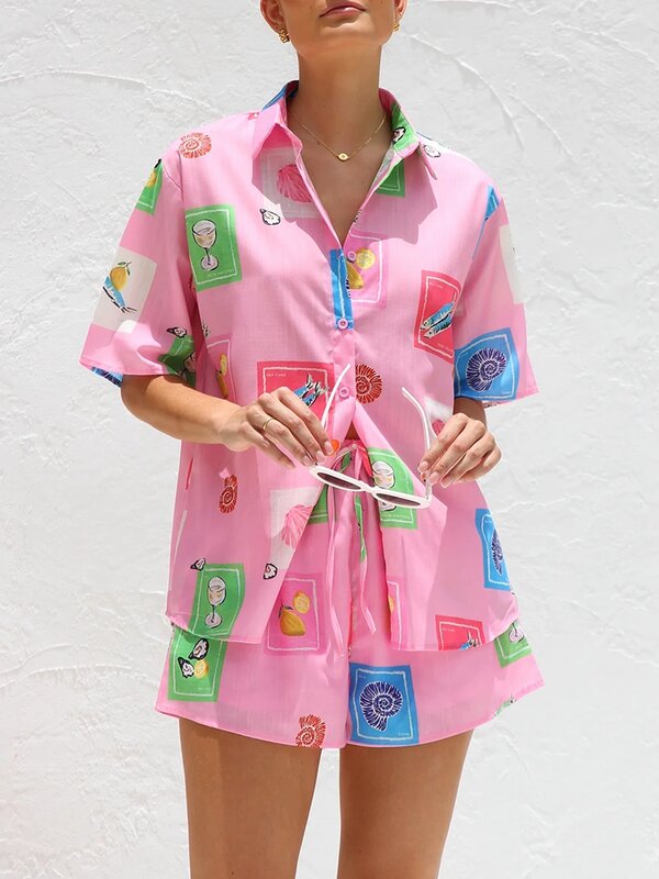 여성용 보호 그래픽 프린트 반팔 셔츠, 신축성 허리 반바지, 캐주얼 해변 휴가 라운지웨어, 2 피스 잠옷 의상