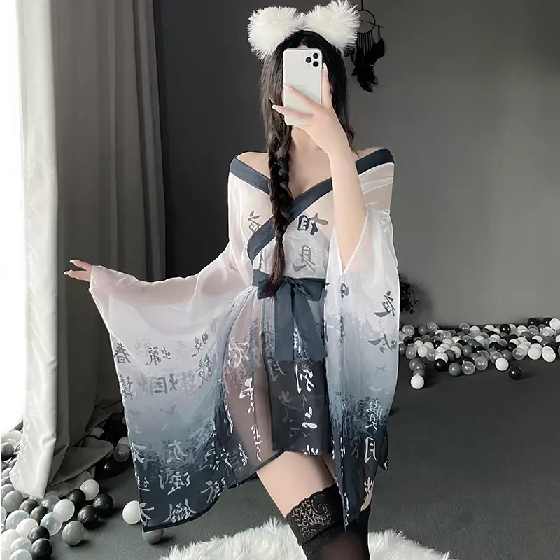 Japanische Kimono Frauen sexy Dessous sehen durch Mesh Nachthemd Perspektive Bademantel Pyjama Versuchung Nachtwäsche Roben