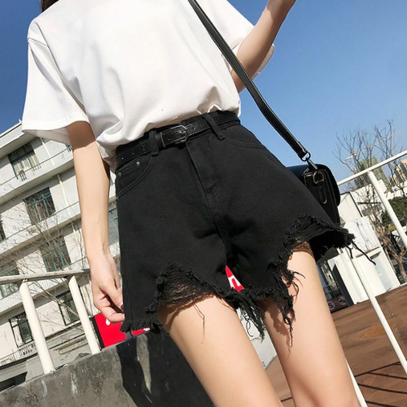 Celana pendek DENIM มีรูพรุนสำหรับผู้หญิง, กางเกงเอวสูงขากว้างทรงหลวมอเนกประสงค์2024ฤดูใบไม้ผลิ/ฤดูร้อน