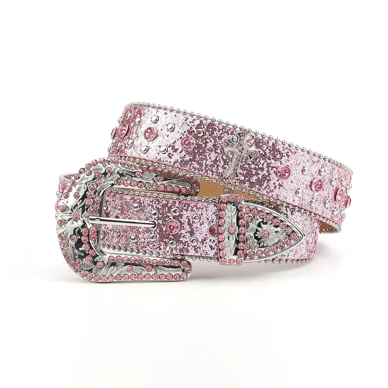 Cinto de strass com rebite cruzado para jeans masculino, cinto de couro embutido punk rock, brilho rosa