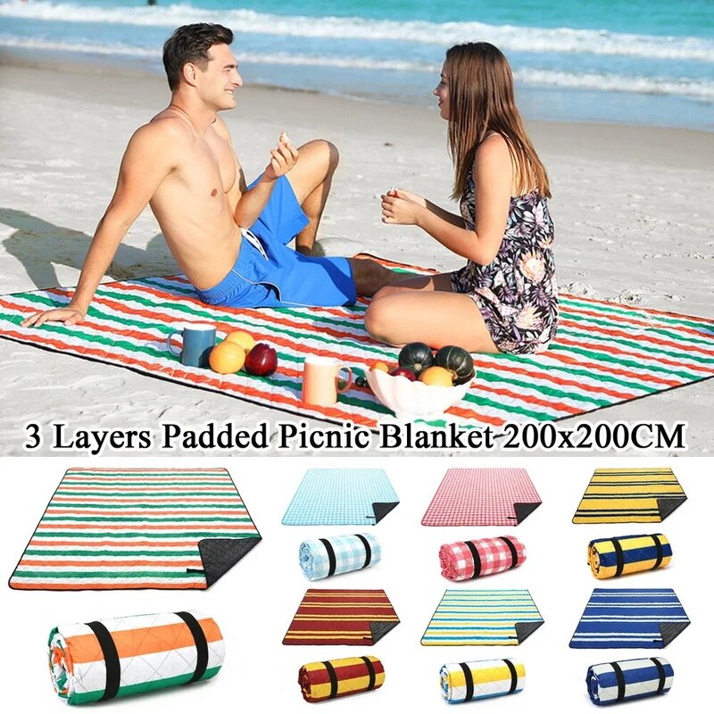 Oversized 3-layer Foldable Beach Blanket Waterproof Moisture-proof Easy Clean Outdoor Camping Lawn Portable Picnic Mat 200x200cm