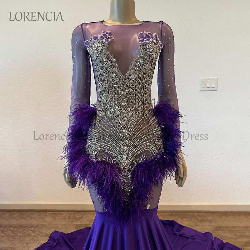 Purple Prom Dresses Black Girl Beaded Feather Crystal Mermaid Evening Formal Party Gown Full 2024 Diamond vestidos de gala