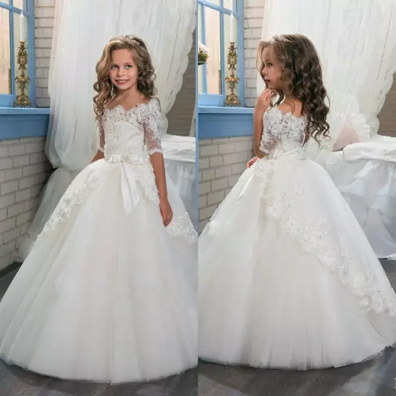 Boat Neck Ball Gown Half Sleeve Flower Girl Dresses Princess Dress With Bow Weddings First Communion Dress Pageant Gowns