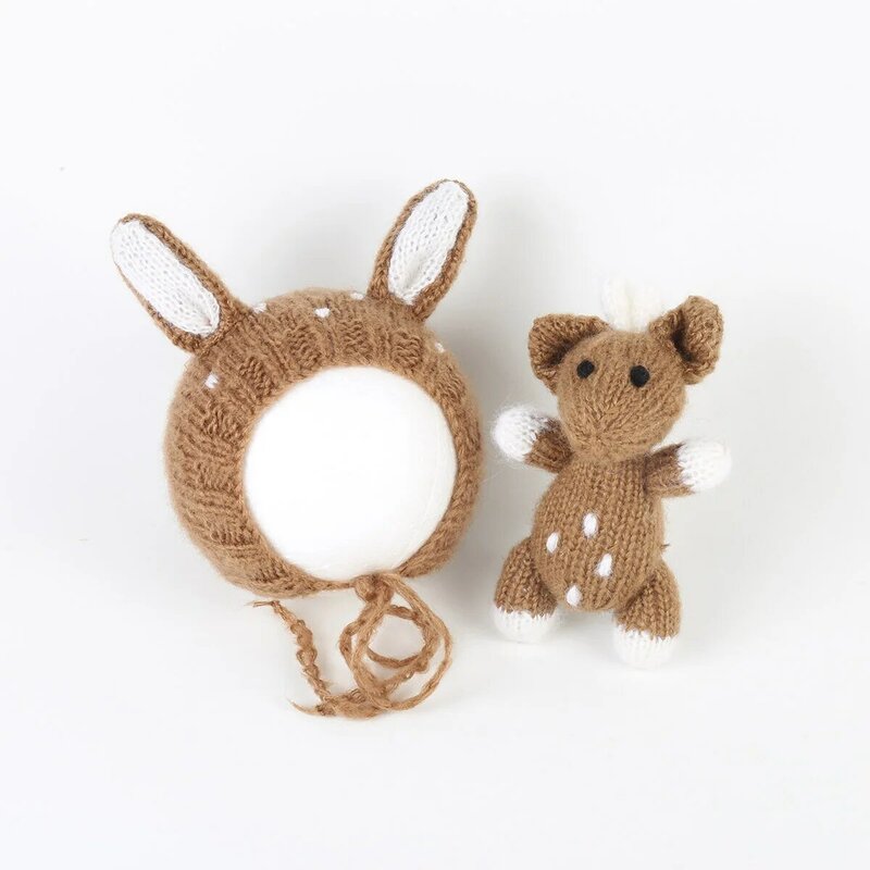 Hand Gestrickte Mohair Deer Motorhaube Wrap Spielzeug Set Crochet Rentier Hut Stricken Plüsch Puppe Neugeborenen Fotografie Requisiten Mädchen oder Jungen geschenk