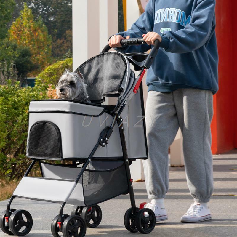 Carrinho dobrável 3in 1 para cão e gato, transportadora destacável, assento de carro, para animais pequenos e médios, 4 rodas, viagem