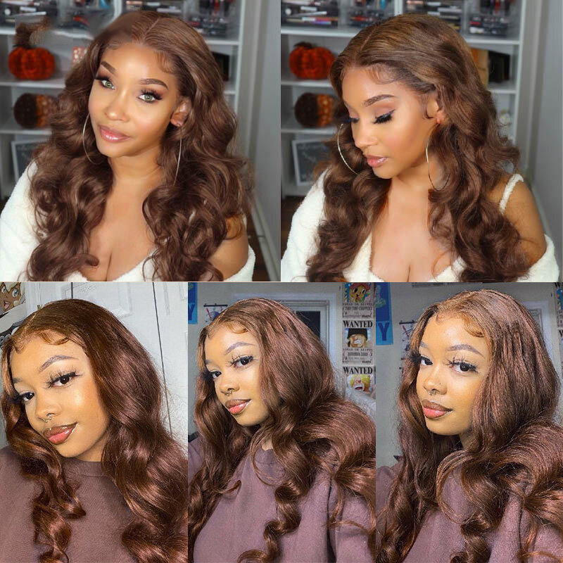 Perruque Lace Front Wig Body Wave brésilienne Remy naturelle, cheveux humains, brun K, 13x4x4, pre-plucked, #4, proximité, pour femmes