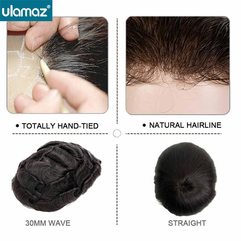 Peruca de peruca suíça masculina, cabelo humano, frente de renda, prótese de cabelo masculino, nós branqueados, sistema de cabelo masculino