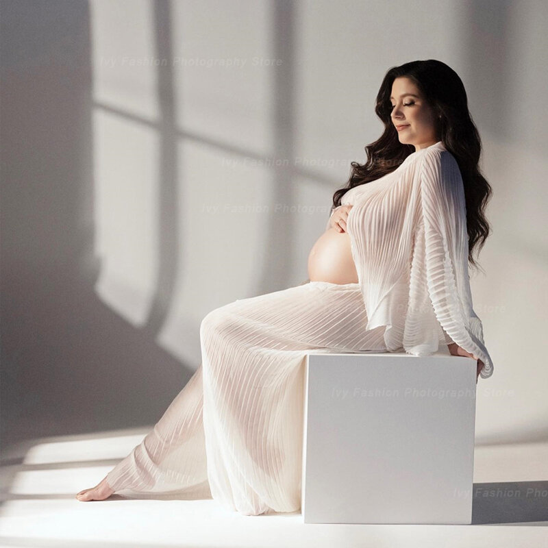 ชุดอุปกรณ์ถ่ายภาพการตั้งครรภ์เซ็กซี่สีขาวใส chiffontulle ปิด gaun bahu terbuka สำหรับถ่ายภาพหญิงตั้งครรภ์