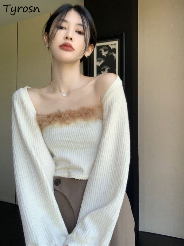 Crop top 2 potong kardigan lengan panjang modis Korea Wanita set pakaian musim semi cantik Camisoles tanpa tali seksi wanita