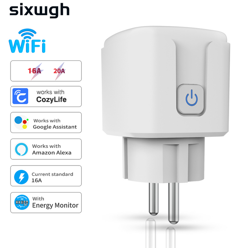 SIXWGH-Smart Home soquete, Plug UE, WiFi, 16A, Tomada Cozylife, Controle Remoto, Temporizador, Monitor de Energia, Suporte a Voz, Google Home, Alexa