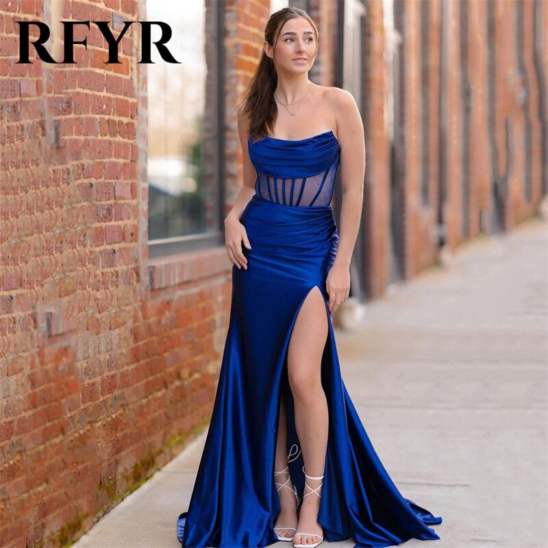 RFYR Black Prom Dress Strapless Mermaid Evening Dresses With Sheer Corset Ruched Party Dress Sexy Side High Split فستان سهرة