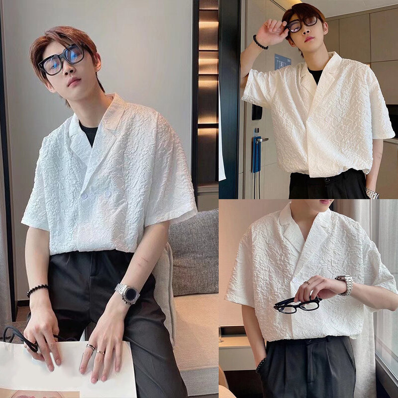 Top-Shirt lässig Revers M-3XL Männer Polyester Relief Muster Shirt Kurzarm Sommer tägliche Mode hohe Qualität