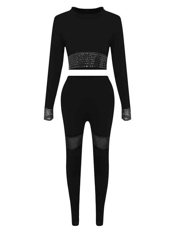 LW-Conjunto feminino de calça e top de corte com gola redonda, lantejoulas magras, transparente, roupas casuais elegantes, Y2K, plus size, outono, 2023