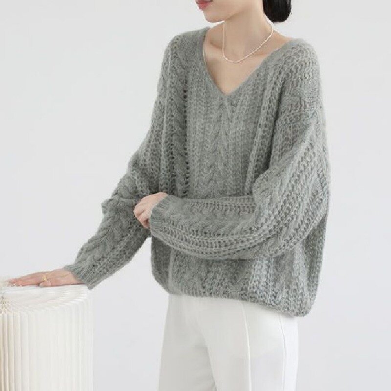 Autumn Sweater V-neck Hollowed Out Mohair Knit Top Loose Fitting Pullover