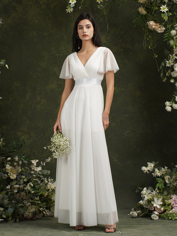MisShow-vestidos de noiva brancos simples para mulheres, manga ampla, cinto de fita, vestido solto de tule longo verão