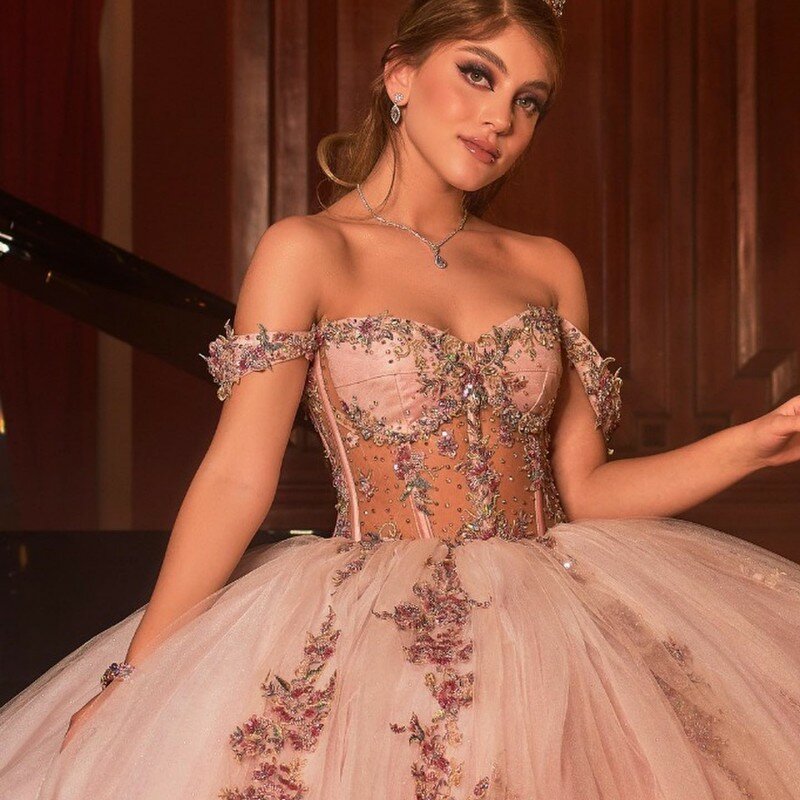 Doymeny 3D kwiaty kochanie Quinceanera sukienki tiulowe z ramienia dziewczyny urodzinowa księżniczka 15 suknie na przyjęcie