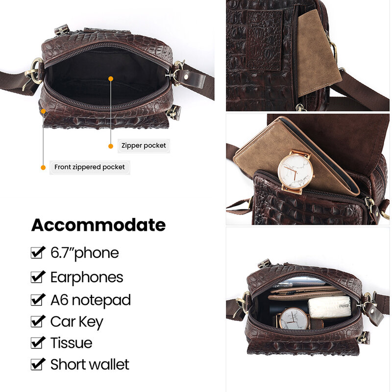 JOYIR Men's Waist Bag Genuine Cowhide Leather Crocodile Head Pattern Fashion Fanny Pack Shoulder Crossbody Bag for Male  