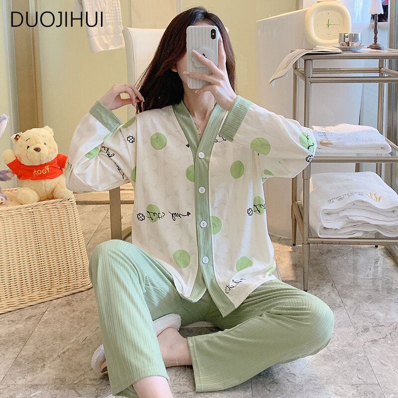 DUOJIHUI-Conjunto de pijama feminino, ponto solto e chique, simples e casual, clássico e elegante, cor de contraste, casa, outono