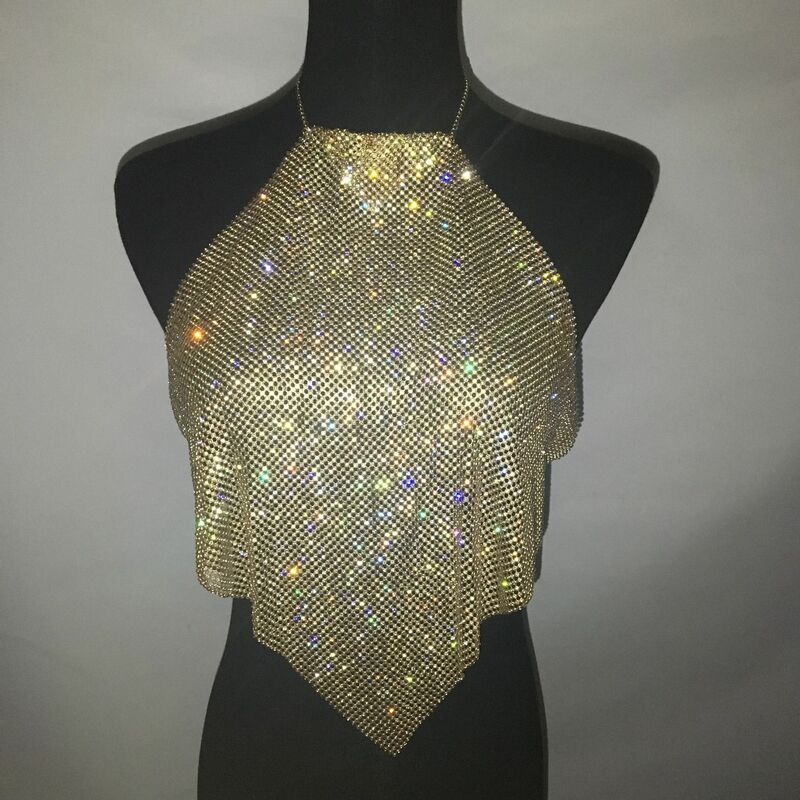 Maglia da donna con cinturino da collo appeso a catena in metallo con strass Sexy Top con diamanti pieni per le donne