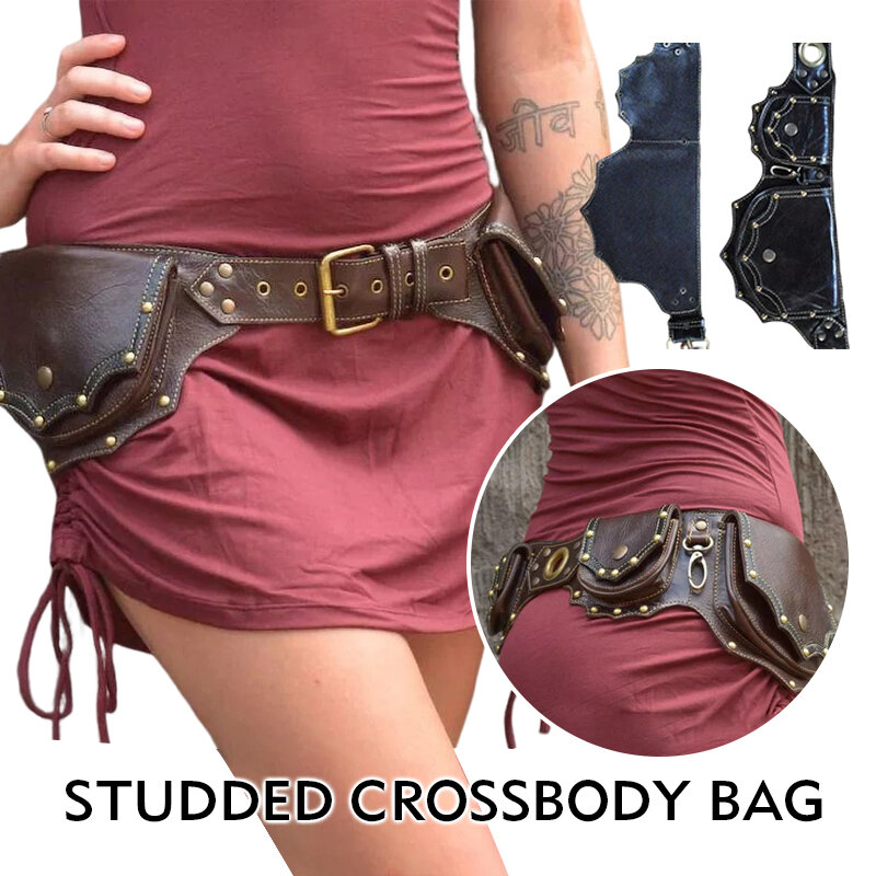 Cinto utilitário de couro Steampunk Pu medieval para mulheres Fanny Pack, bolso com bolsa dupla rebitada, esportes ao ar livre, bolsa de proteção para cintura
