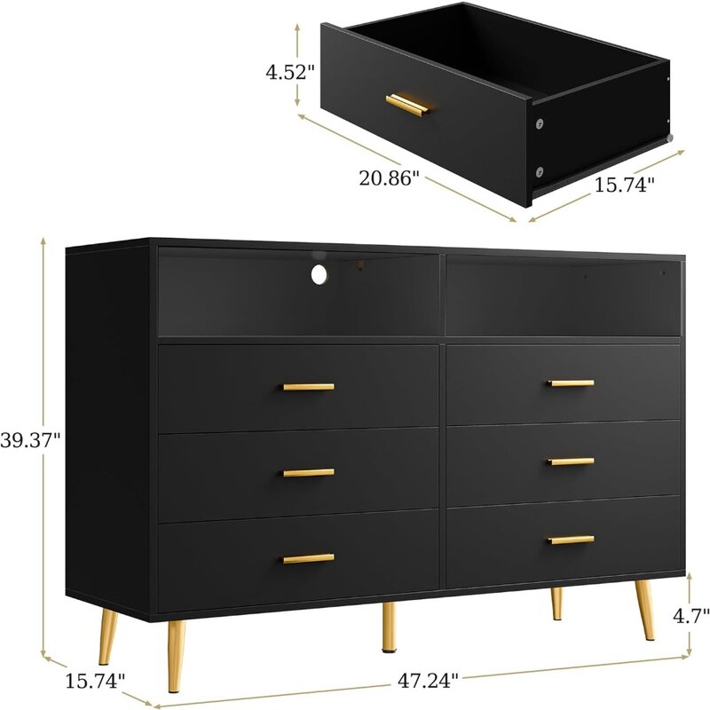 EnHomee Dresser for Bedroom, Black Dresser with LED, 6 Drawers Dresser with Large Organizer, Wood Dressers & Chests of Drawers,