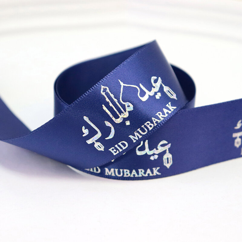 ริบบิ้นผ้าซาตินพิมพ์ลาย Eid Mubarak ฟอยล์สีทอง25มม. 38มม. สำหรับมุสลิมอัล-ฟิเทียร์อุปกรณ์งานปาร์ตี้บรรจุภัณฑ์ขนมตกแต่งกล่อง