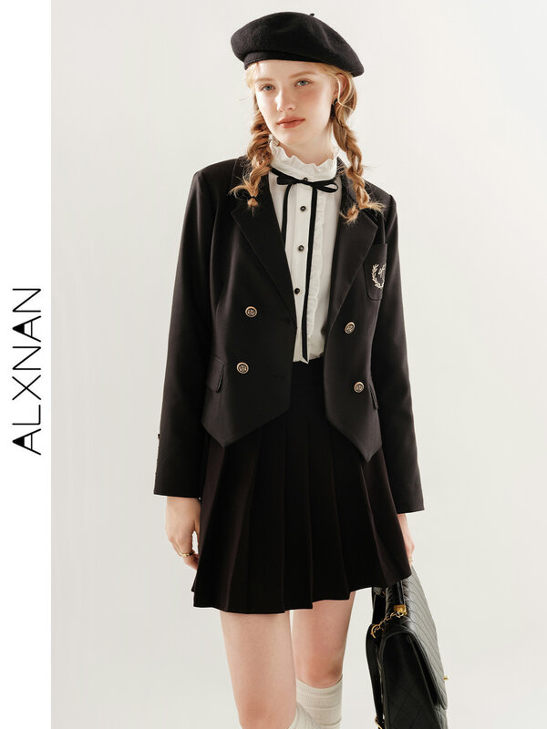 ALXNAN-Veste noire imbibée pour femme, manteau à la mode, blazer femme tempérament droit, vêtements d'automne, petit, Y-2024, TM00305