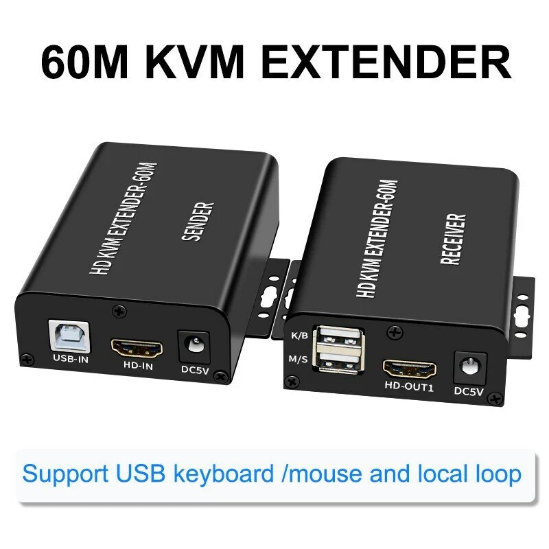 60m HDMI KVM Ethernet Extender przez Rj45 Cat5e Cat6 kabel 1080P nadajnik i odbiornik wideo z pętlą obsługuje USB klawiaturą mysz