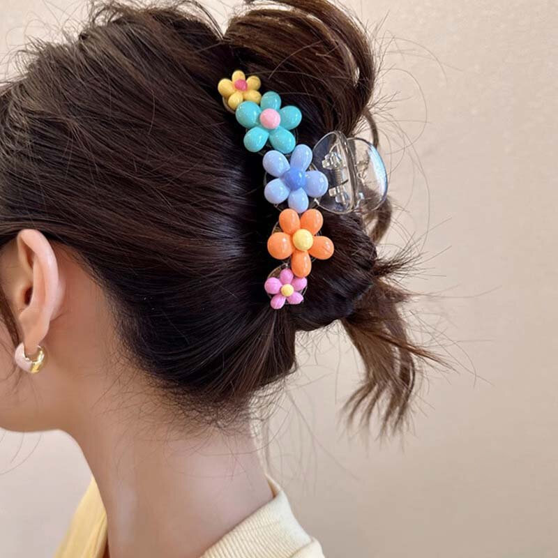Klip rambut silang bunga warna-warni Korea untuk wanita klip hiu besar lucu jepit rambut poni kepiting Aksesori rambut