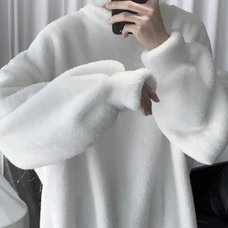 Camisola de tamanho grande cor sólida cordeiro cabelo o-pescoço manga longa moletom masculino moda coreana solto hoodies streetwear harajuku