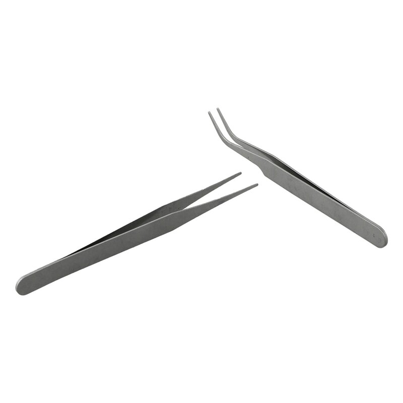2pcs Stainless Steel Small Tweezers Dismantling Repair Hand Tools Curved/Straight/Tip Silver Tweezers For Pick Up Small Parts