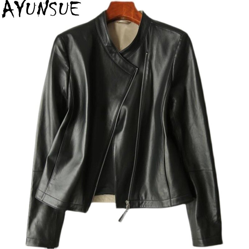 AYUNSUE-Veste en cuir véritable pour femme, cuir de mouton véritable, col montant, manteau en cuir mince, streetwear élégant, 2023