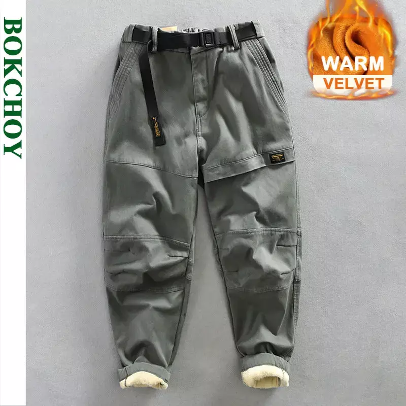 Autumn Winter New Men's Cargo Velvet Pants Loose Belt Comfortable Soft Cotton Multi Pockets Retro Street Trousers AZ381