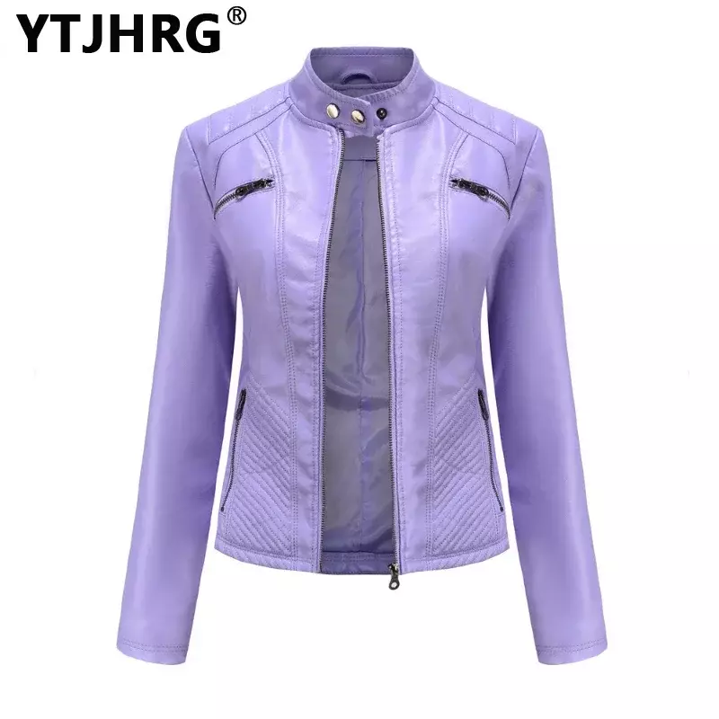 YTJHRG-jaquetas de couro de manga comprida para mulheres, tops de motociclista com zíper, roupas femininas, casacos para outono e inverno, novos, 2023