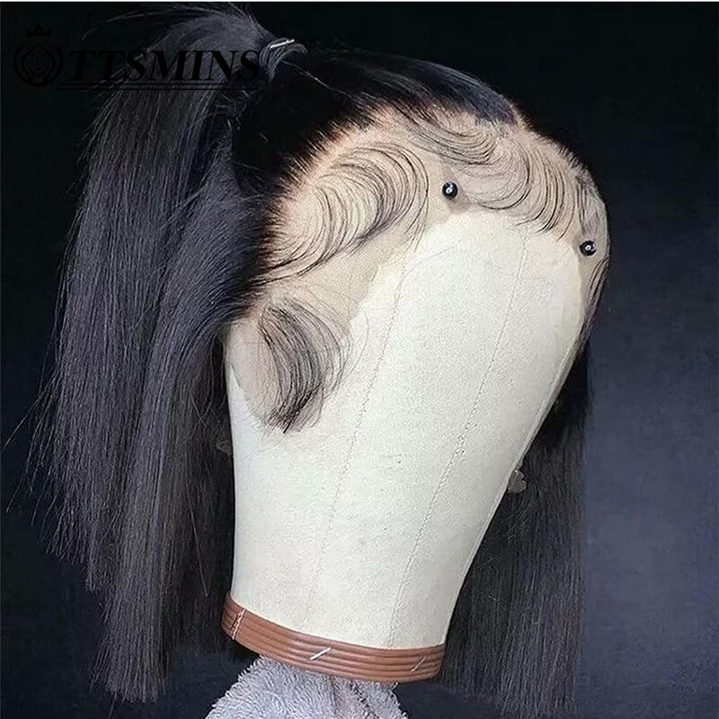 Full 13x4 Short Black Bob Wigs 180% Human Hair Straight Transparent Lace Frontal Wig Pre Plucked With Baby Hair Natural Color