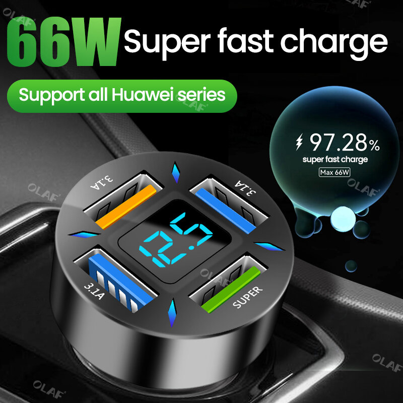 66W USB Car Charger 4 Ports Fast Charging PD Quick Charge 3.0 USB C Car Phone Charger Adapter For iPhone 13 12 Xiaomi Samsung