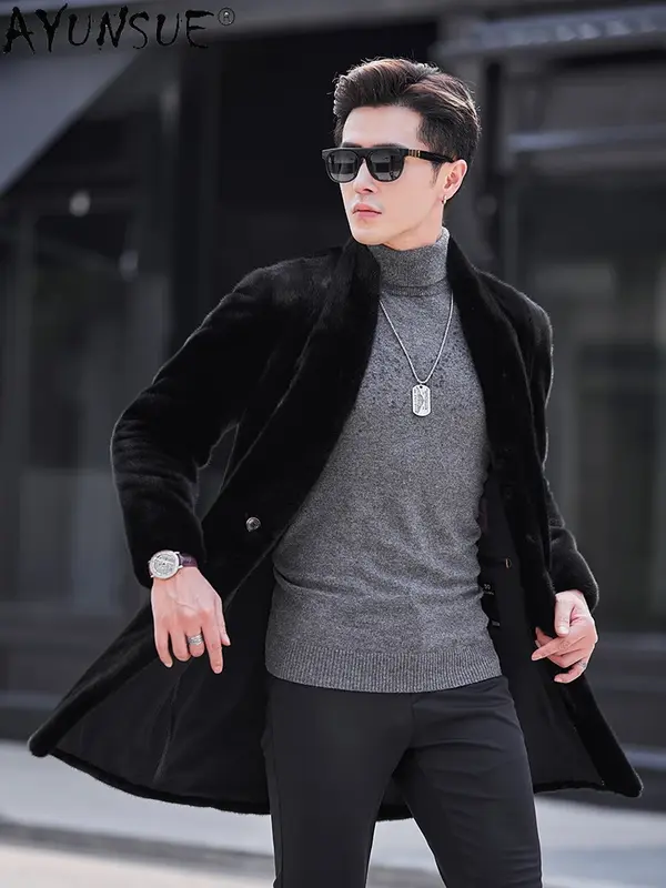 AYUNSUE 남성용 천연 모피 코트 밍크 재킷, 중간 길이 진짜 밍크 모피 코트, V넥 모피 재킷, 패션 2023 겨울